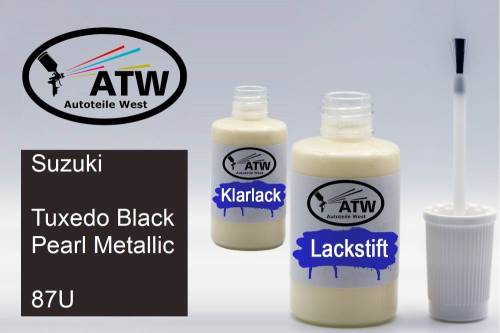 Suzuki, Tuxedo Black Pearl Metallic, 87U: 20ml Lackstift + 20ml Klarlack - Set, von ATW Autoteile West.